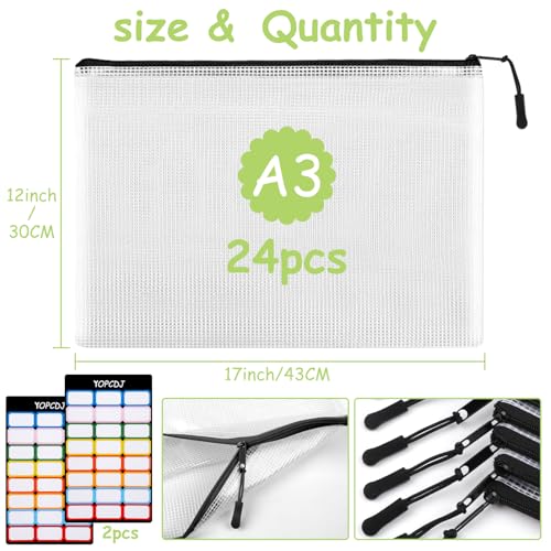 Image of YOPCDJ 24pcs Mesh Zipper Pouches, A3 Size 17 x 12 inches Waterproof Black Zipper Bags, Water-Resistant Plastic Zipper Pouch for School Office Supplies, Puzzles & Games Organizing Storage