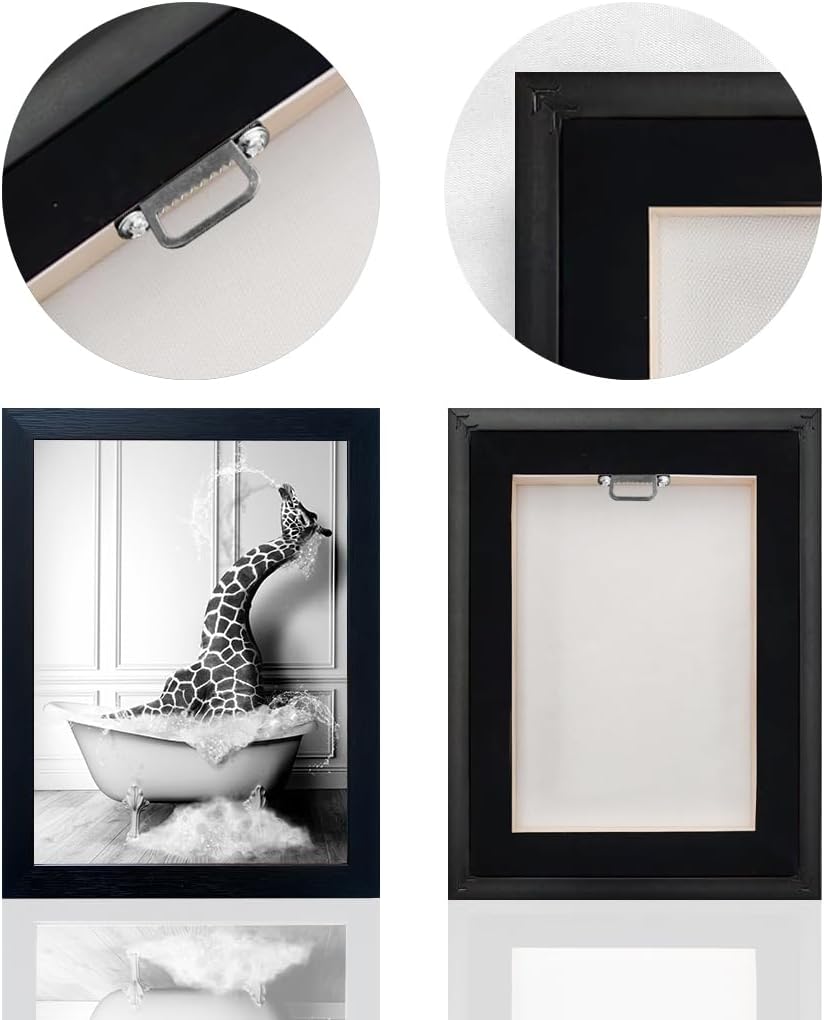 Bathroom Pictures Wall Decor Black and White Wall Art Funny Animal Canvas Print Giraffe in Bathtub Framed Farmhouse Painting Kids Bathroom Signs Decor