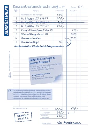 AVERY Zweckform 318-5 Kassenbestandsrechnung (A5, 50 Blatt, Ermittlung der Tageseinnahmen & Kassenbestand, von Rechtsexperten geprüft, für DE/AT, zur ordnungsgemäßen Buchführung) 5er-Pack, weiß