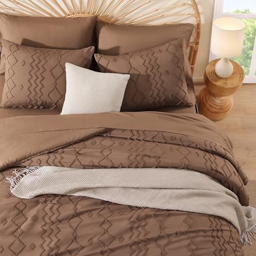 Image of AMBERSPACE King Size Comforter Set Brown, Tufted Geometric Boho Bedding Farmhouse Bed Set, All Season 7 Pieces Bed in a Bag with Sheets, Pillowcases & Shams