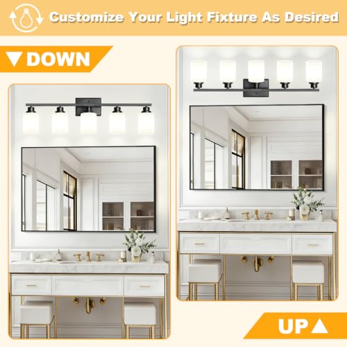 Image of Unicozin 5-Light Bathroom Light Fixtures, Modern Black Vanity Light Over Mirror, Wall Sconces with Milky White Glass Shades for Living Room Bedroom Hallway E26 Base