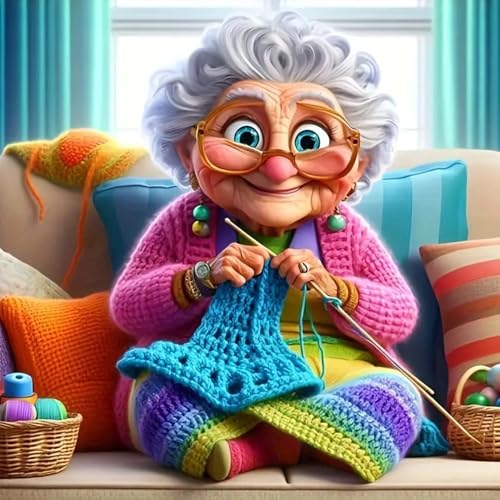 Image of Grandmother Knitting Stamped Cross Stitch Kits for Beginners Adults, Dimensions Needlepoint Art Crafts,Counted Cross Stitch Kits Embroidery Kits for Beginners Adults for Home Decor 13.8X13.8inch