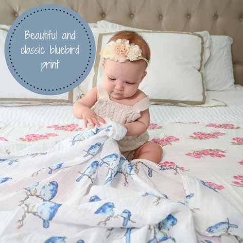 Image of LollyBanks Muslin Swaddle Blankets, Large 47 x 47 Inches Baby Blanket for Boys and Girls, 100% Cotton Baby Swaddle Blanket, Newborn Receiving Blanket for Swaddling, Registry (Bluebird Print)
