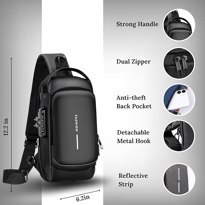Image of Zaffira Anti Theft Sling Bag for Travel, Crossbody Chest Bag with Password Lock, Stylish Side Bag for Men,Shoulder Passport Bag, Cross Body Bag for both Men and Women, Birthday Gift for Men
