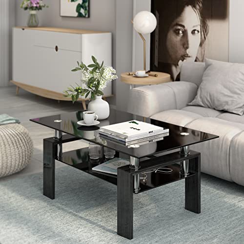 Tangkula Rectangular Glass Coffee Table, Modern Side Coffee Table W/Lower Shelf, Tempered Glass Tabletop & Metal Legs, Suitable For Living Room Office (All Black) #TOP1