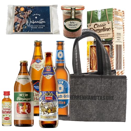 Geschenkset „Männer Handtasche“ – Filztasche mit 4 bayerischen Bieren, Apfel-Leberwurst, Blutwurz, Laugenbrezeln & Knusperwaffeln – Genusswelten Kasberger...