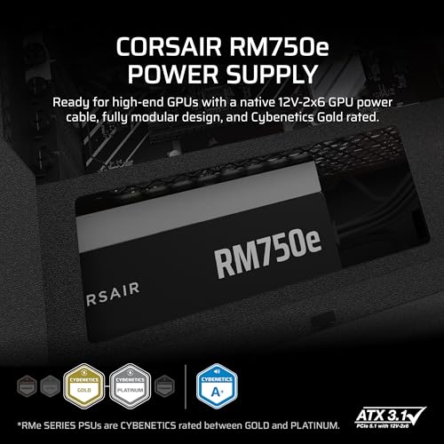 Image of CORSAIR RM750e (2025) Fully Modular Low-Noise ATX Power Supply with 12V-2x6 Cable - ATX 3.1 & PCIe 5.1 Compliant, Cybenetics Gold Efficiency, 105C-Rated Capacitors, Modern Standby Mode - Black
