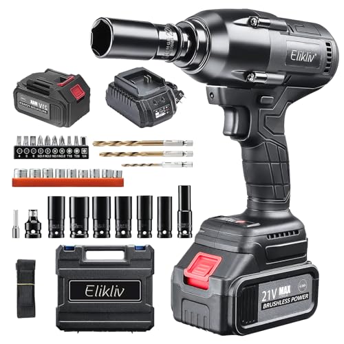 Elikliv Cordless Impact Wrench, 1/2 inch Impact Gun Max Torque 420Ft-lb(600Nm) 21V 4.0Ah Power Impact Driver Battery, Fast Charger,16 Drive Impact Sockets and 12 Drill Bits for Home & Garage