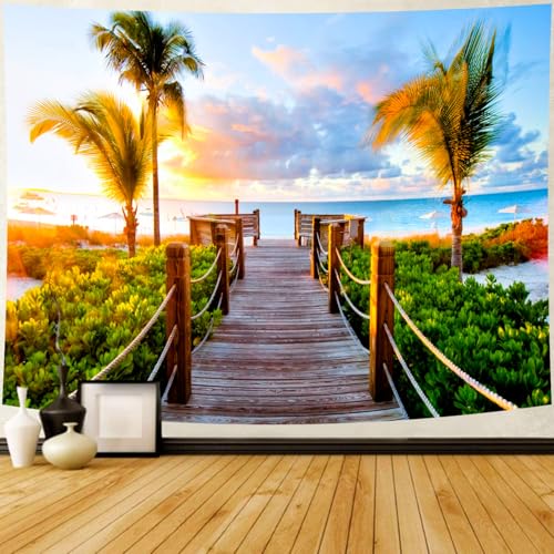 Delur Beach Sunset Tapestry Tropical Seaside Palm Tree Coastal Tapestry Wall Hanging Sunrise Nature Landscape Scenic Psychedelic Headboard for Bedroom Living Room Home Decor (51.2