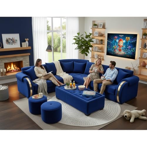 Image of APRODZ Solid Wood 6 Seater Sofa Set Velvet Fabric Sectional L Shaped Sofa with Center Table & Ottomans Corner Sofa for Home Office Cushioned Seating for Home & Lounge Use (Royal Blue)