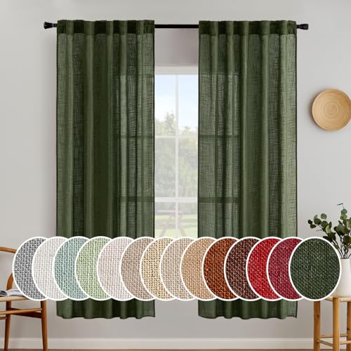 MIULEE Olive Green Linen Curtains 72 Inch Length 2 Panels for Bedroom Living Room, Soft Thick Linen Textured Window Drapes Semi Sheer Light Filtering Back Tab Rod Pocket Burlap Look Decor, W37xL72