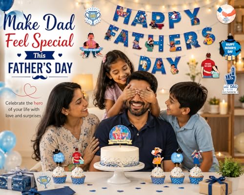 Image of Festiko Father's Day /Super Dad Birthday Party Decorations Items for Surprise (All in One Surprise KIT Banner,Swirls,Cake Toppers,Cup Cake Topper,Ribbons)- 16 Pcs