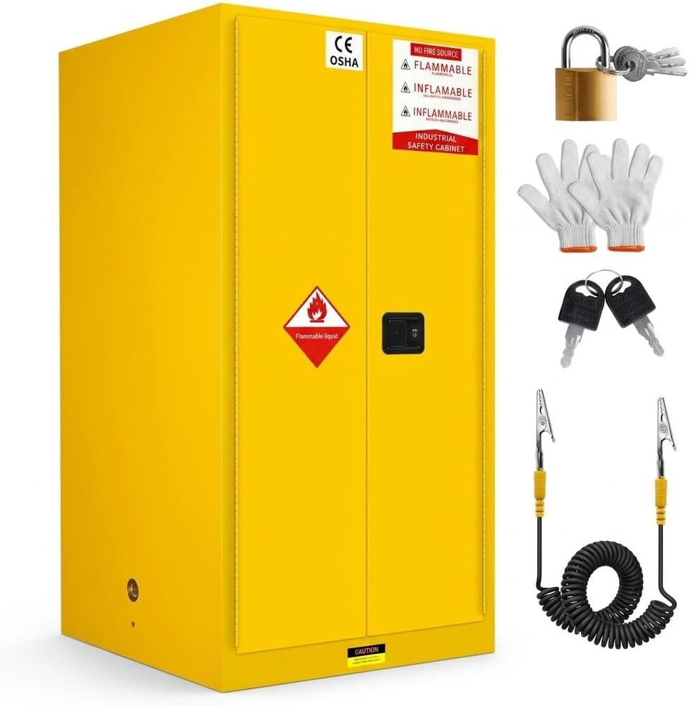 Yellow 60 Gallon Flammable Liquid Storage Cabinet OSHA Approved, Heavy Duty Welded Steel Chemical Hazardous Material Safety Locker with Adjustable Shelves & Anti-Static Grounding