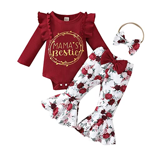 Image of GRNSHTS Newborn Baby Girl Clothes Infant Baby Ruffle Long Sleeve Romper+Floral Flare Pants Bell Bottoms Outfit