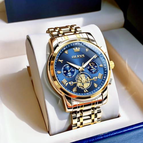 Image of OLEVS Men Watches Stainless Steel Chronograph Watch, Large Wrist Analog Quartz Watch, Fashion Waterproof Diamond Roman Numerals Dress Watches for Men, Gold /Black /White /Blue /Grey Dial