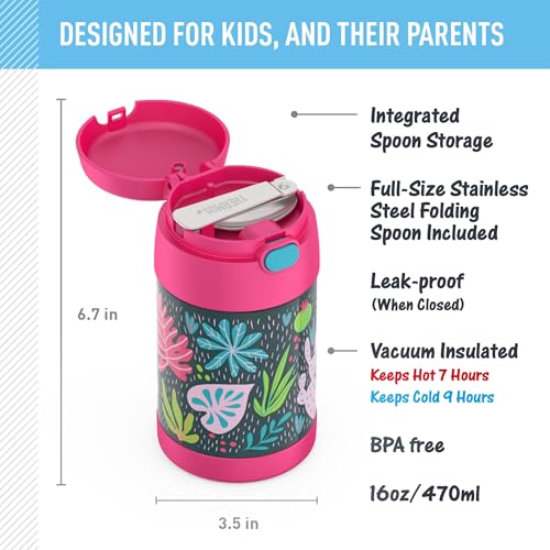 Image of THERMOS FUNTAINER Insulated Food Jar - 16 Ounce, Tropical Foliage - Kid Friendly Food Jar with Foldable Spoon