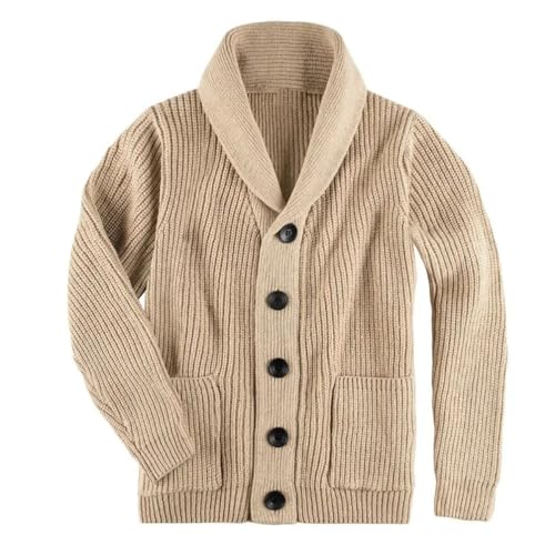 Men's Shawl Collar Button-Front Cardigan Sweater with Pockets - En8 Ribbed Warm Knit Cardigan3