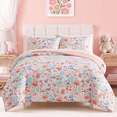 Image of Full Size Comforter Set for Girls Pink Floral Garden 7 Pieces Bed in a Bag