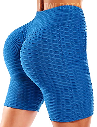 KIWI RATA Workout Ruched Biker Shorts for Women Scrunch Butt Push Up Gym Booty Shorts with Pockets,2# Biker Shorts with Pockets-Blue,Small