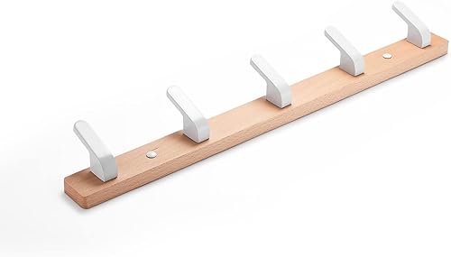 Perchero montado en la pared, perchero de madera de haya resistente con 5 ganchos dobles dobles de metal blanco para colgar abrigos, 19.7 pulgadas