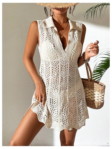 GORGLITTER Women's Crochet Swimsuit Coverup Hollow Out Sleeveless Bikini Cover Up Dress Split Hem Beach Dress 20253