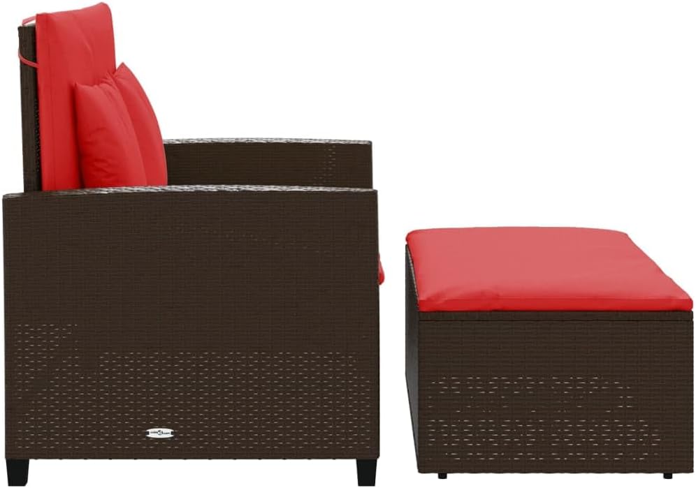 2-Seater Patio Sofa Brown Poly Rattan Outdoor Loveseat with Red Cushions, Convertible Small Patio Couch for Balcony Garden Terrace