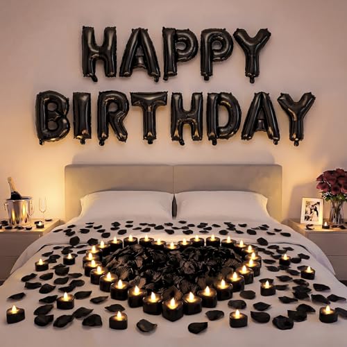Charnoel Black Happy Birthday Balloons Decorations Happy Birthday Letter Balloons Banner Set with 24pcs Heart Flameless LED Candles and 2000pcs Artificial Rose Petals for Women Men Room Party Decor