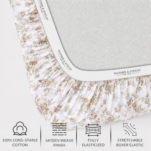 Image of Feather & Stitch Printed 500 TC California King Size 4pc Damask Bed Sheet Set, 100% Soft Cotton Breathable Bedsheets, 18 inch Deep Pockets Sateen Weave Striped Bedding Mattress - Rose Floral