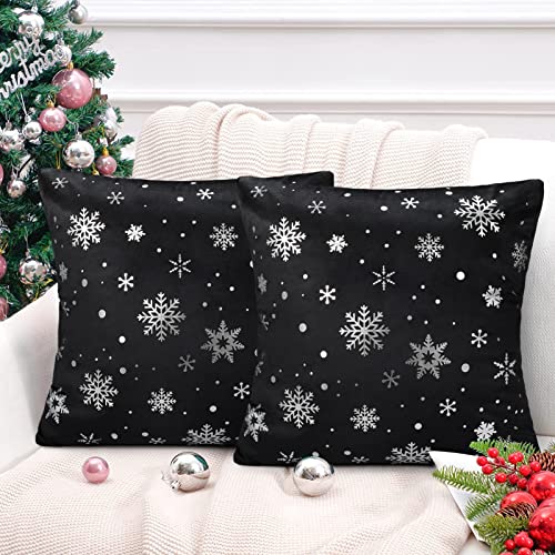 Housses de Coussin de Noël 45x45 cm Velours Doux Blanc Brillant Flocons de Neige Noir Taie d'oreiller pour Canapé Fête Maison Hiver Ferme Décoration d'hiver, Lot de 2 Cover