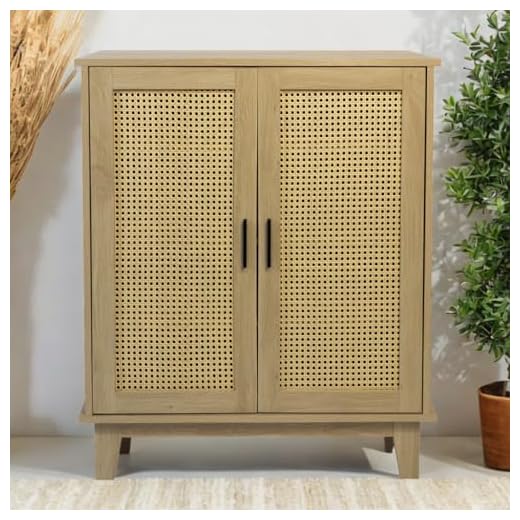 Box and Beyond - Commode en Bois avec Portes en Cannage - 3 Étagères - Rangement Élégant et Pratique - Style Naturel - 80 x 34 x 96 cm