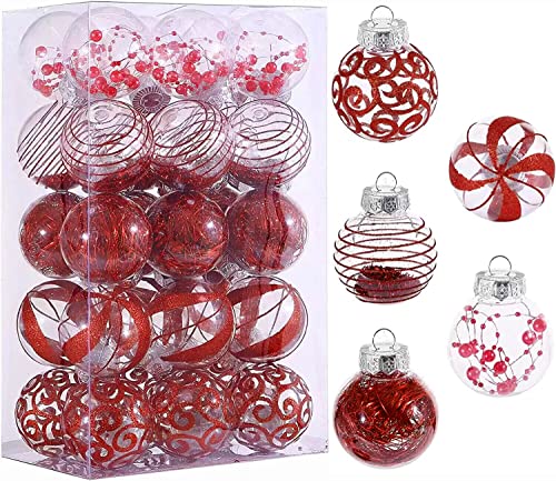 60MM/2.36" Christmas Ornaments Set, 30pcs Clear Red Ball Xmas Decorations