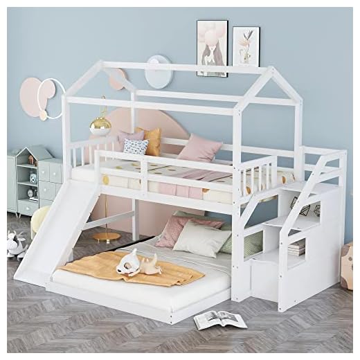 SOHUSPHOME Twin Over Full House Bunk Bed with Convertible Slide and Storage Staircase,Full-Length Guardrail,Solid Wood Platform Bed Frame,No Box Spring Needed for Kids Teens Bedroom,White