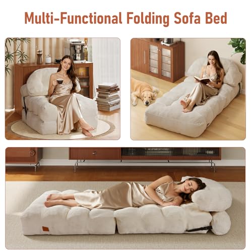 Image of Folding Sofa Bed, Convertible Sleeper Chair with Back Support and Pillow | Boneless Foldable Couch for Living Room /Guest Use /Home Office, Foldable Chair Bed for Adults, Beige