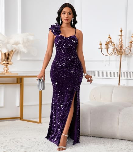 Image of Cololura Women Sexy Elegant Sequin High Split Ruffled Hem Mermaid Party Cocktail Bodycon Formal Evening Gowns Maxi Dress