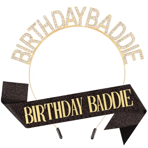 Canitor Birthday Baddie Sash Crown Set Birthday Gifts Party Favors Supplies Decorations & Accessories for Women Girl Adult Dress Outfits Rhinestone Tiara Headband Soft Satin Sash