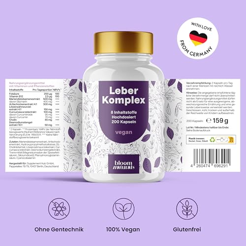 Leber Komplex mit Mariendistel, Artischocke, Löwenzahn, Cholin, Folsäure & Vitamin B12 – 200 vegane Kapseln – produziert in Deutschland – Laborgeprüft