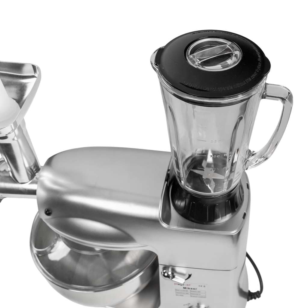 Mega-M Mikser planetarny 3 w 1, robot kuchenny, miska 5 l, silnik 1000 W, 6 stopni prędkości z funkcją pulsu, maszynka do mięsa i mikser stojący, srebrny