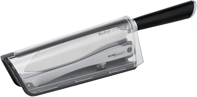 Tefal K25790 Eversharp nóż Santoku + ostrzałka do noży, zintegrowany system szlifowania, uniwersalny nóż kuchenny, czarny, 16,5 cm
