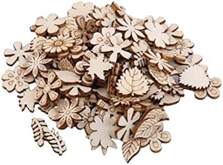 Idiytip Wood Flowers And Leaves Embellishment Wooden Shape Craft DIY Wedding Party Christmas Decor,100pcs
