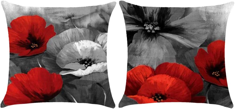 WePurchase Set Of 2 Ink Painting Watercolor Red Grey Retro Poppy Flowers Mother's Day Decoration Cotton Linen Decorative Home Sofa Living Room Throw Pillow Case Cushion Cover Square 18x18 Inches
