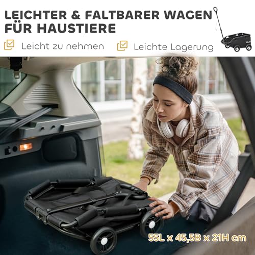 PawHut Hundewagen, klappbarer Hundebuggy für Zwergenhunde bis zu 4 kg, zusammenklappbarer Katzenbuggy mit Griffstange, waschbarem Kissen, Sicherheitsleinen, Aufbewahrungstasche, 4 Räder, Schwarz