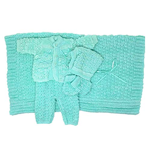 I&S Newborn Infant Baby 5 Pieces Knit Crochet Set Warm Winter Fashionable Layette Set Comfort Girls Boys Unisex (0-3 Months, Green)