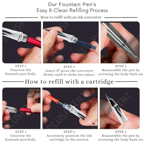 Image of PLUSPOINT Stainless Steel Fountain Pen Stunning Luxury Pen with Metallic Red Finish, Iridium Nib, Pen Gift for Men & Women, Professional, Executive Office, Nice Designer Pens for kids