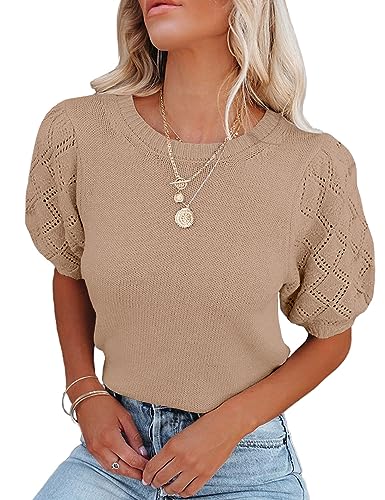 Image of Womens Short Sleeve Sweaters Crewneck Knit Pullover Tops 2025 Summer Casual Lightweight Crochet Blouse Shirt
