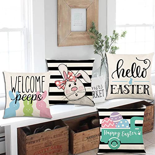 Gaonini Easter Pillow Covers 18X18 Set Of 4, Easter Pillows Decorative Throw Pillows, Stripe Bunny Truck Eggs Welcome Peeps Hello Easter Pillow Cases Easter Decorations For The Home Couch #TOP4