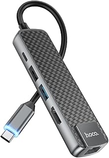 محول وموزع HB23 متعدد الوظائف 5 في 1 بمنفذ HDMI وUSB3.0 وUSB2.0 وار جي 45 وPD ويدعم تردد 30 هرتز بدقة 4K من هوكو، لون رمادي معدني