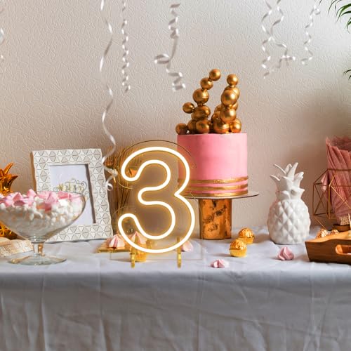 Image of Number 3 LED Neon Sign Backdrop Birthday Party Decoration, 11.3 inch Height Warm White Marquee Numbers Three Light Up Sign for Wedding Anniversary Window Wall Table, Indoor Battery Operated or USB