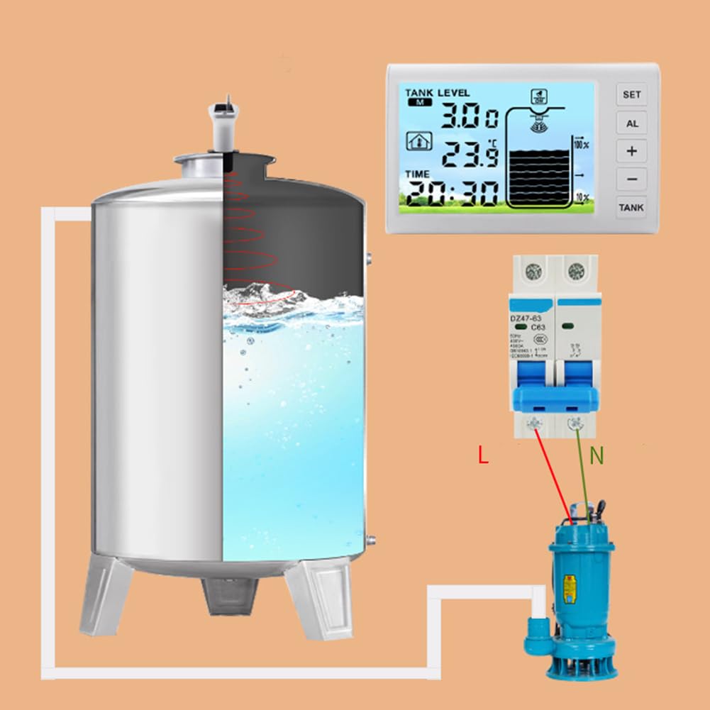 Monitor de nivel de tanque de agua solar con medidor digital, medidor de nivel de líquido inalámbrico de rango de 1 a 5 m, transmisor impermeable IP65 con carga automática, receptor interior que