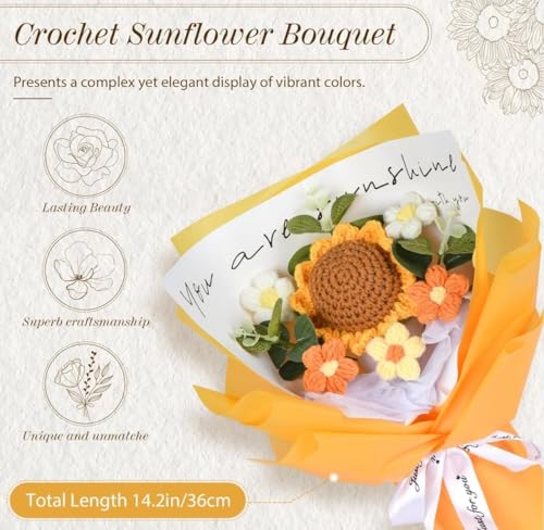 Image of Premium Handmade Crochet Flower Bouquet | Artificial Sunflower Cotton Flowers | Perfect Rakhi Gift, Diwali, Birthday Gift for Sister, Wife, Girlfriend, Mom & Home Decoration