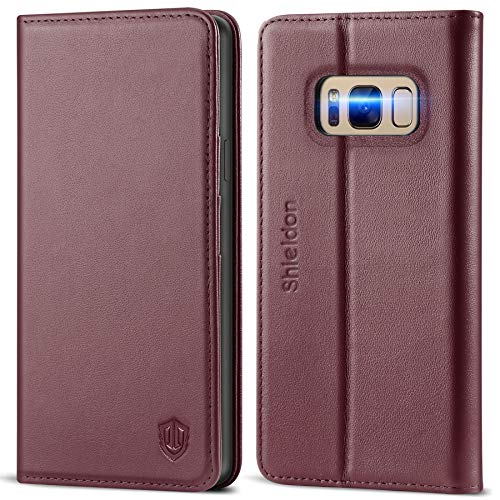 SHIELDON Galaxy S8 Case, Genuine Leather S8 Wallet Case with Magnetic Closure Credit Card Holder Flip Book Design Stand Folio Cover Compatible with Galaxy S8 (5.8-inch) - Wine Red